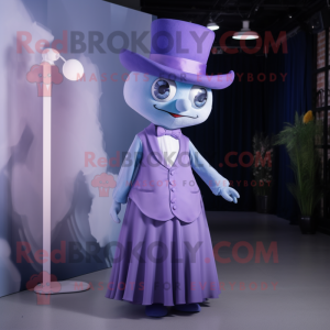 Lavender Acrobat mascot costume character dressed with a Evening Gown and Hats