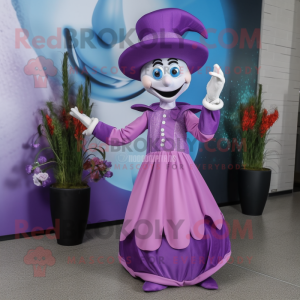 Lavender Acrobat mascot costume character dressed with a Evening Gown and Hats