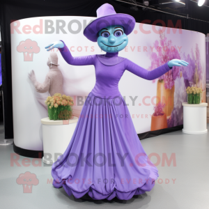 Lavender Acrobat mascot costume character dressed with a Evening Gown and Hats