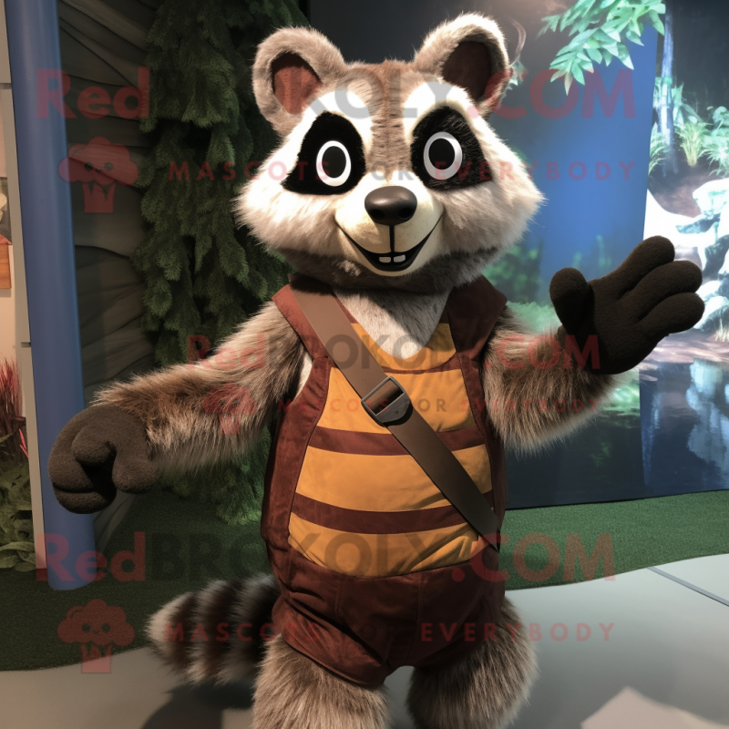 Brown Raccoon mascot costume character dressed with a Vest and Wraps