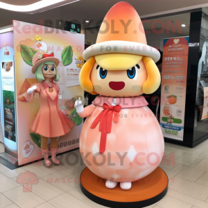 Peach Hourglass mascot costume character dressed with a A-Line Dress and Berets