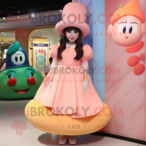 Peach Hourglass mascot costume character dressed with a A-Line Dress and Berets