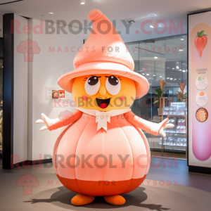 Peach Hourglass mascot costume character dressed with a A-Line Dress and Berets