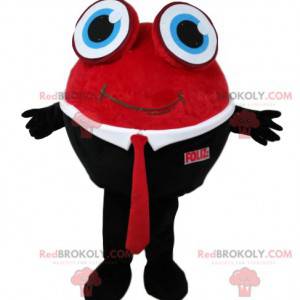 Round snowman mascot in red and black tie suit - Redbrokoly.com