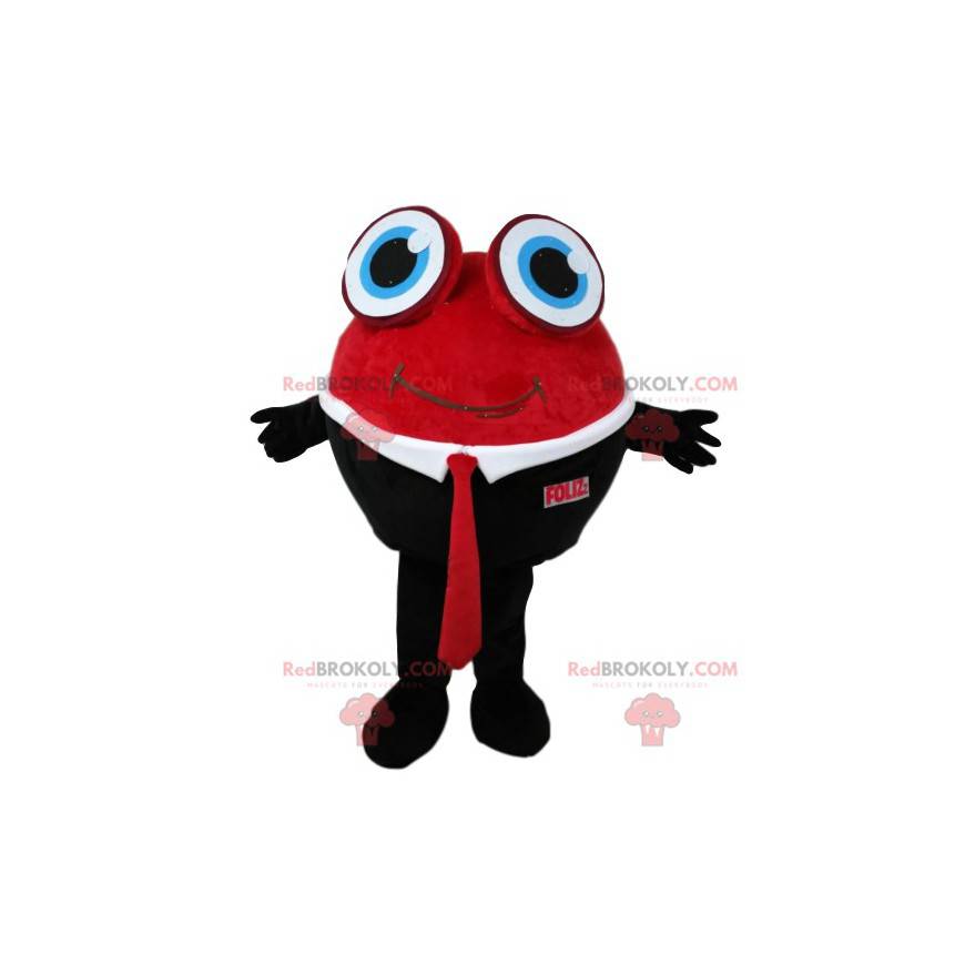 Kulatý sněhulák maskot v obleku červené a černé kravaty -