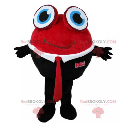Mascote redondo do boneco de neve em terno vermelho e preto -