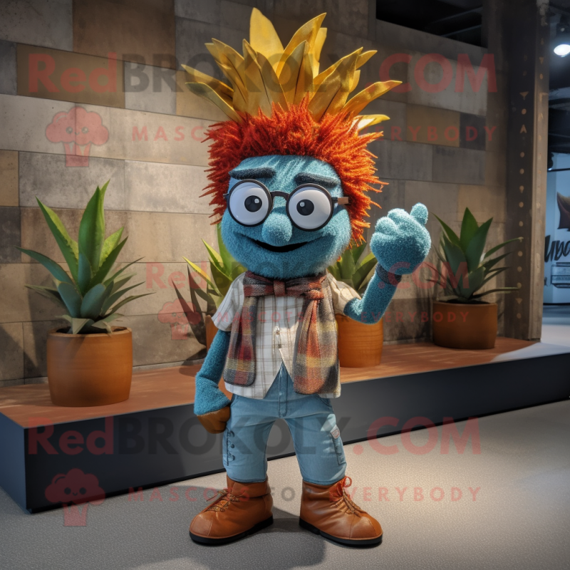 Rust Pineapple mascot costume character dressed with a Chambray Shirt and Headbands