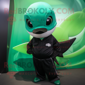 Green Killer Whale mascot costume character dressed with a Romper and Pocket squares