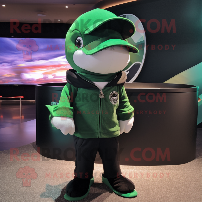 Green Killer Whale mascot costume character dressed with a Romper and Pocket squares