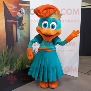 Teal Orange mascot costume character dressed with a Empire Waist Dress and Hair clips
