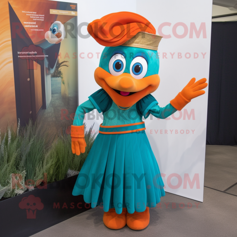 Teal Orange mascot costume character dressed with a Empire Waist Dress and Hair clips