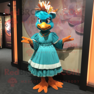 Teal Orange mascot costume character dressed with a Empire Waist Dress and Hair clips