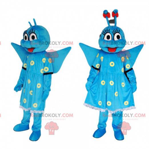 Mascote de borboleta azul com um lindo vestido - Redbrokoly.com