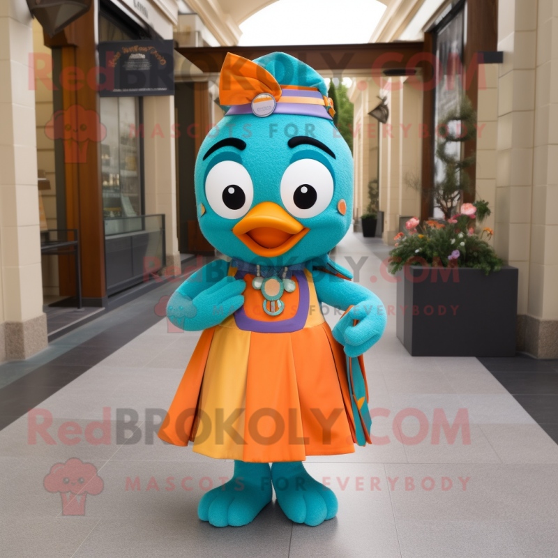 Teal Orange mascot costume character dressed with a Empire Waist Dress and Hair clips