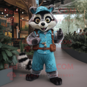 Turquoise Raccoon mascot costume character dressed with a Jeans and Suspenders