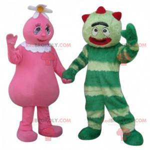 Rosa og grønn karakter maskot duo - Redbrokoly.com
