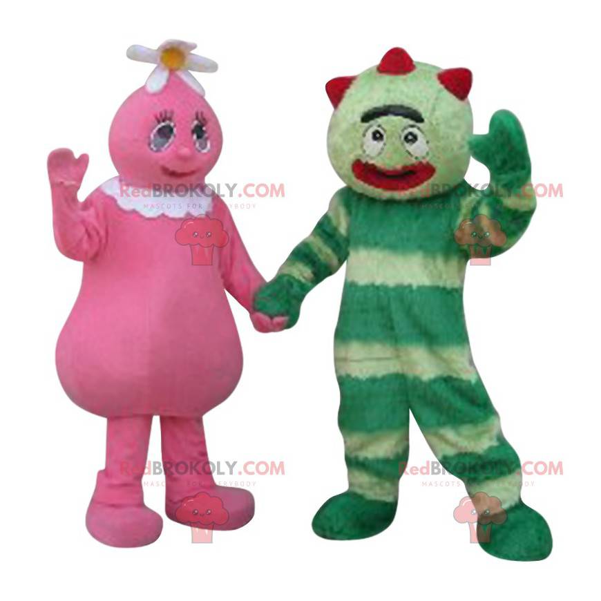 Maskottchen-Duo mit rosa und grünem Charakter - Redbrokoly.com