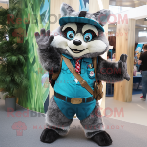 Turquoise Raccoon mascot costume character dressed with a Jeans and Suspenders