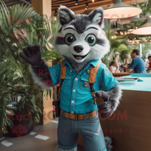 Turquoise Raccoon mascot costume character dressed with a Jeans and Suspenders