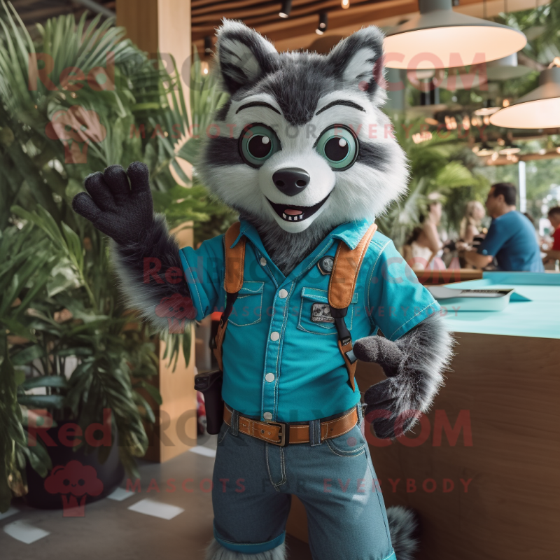 Turquoise Raccoon mascot costume character dressed with a Jeans and Suspenders Turquoise Raccoon mascot costume character dressed with a Jeans and Suspenders