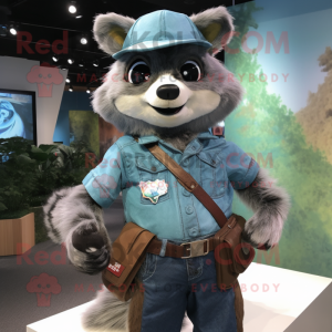 Turquoise Raccoon mascot costume character dressed with a Jeans and Suspenders