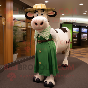 Olive Hereford Cow mascot costume character dressed with a Skirt and Ties