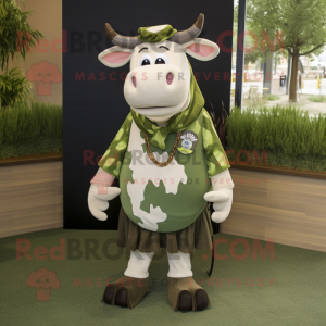 Olive Hereford Cow mascot costume character dressed with a Skirt and Ties