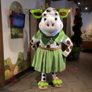 Olive Hereford Cow mascot costume character dressed with a Skirt and Ties