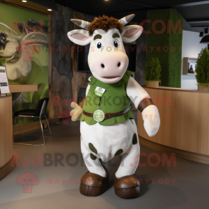 Olive Hereford Cow mascot costume character dressed with a Skirt and Ties