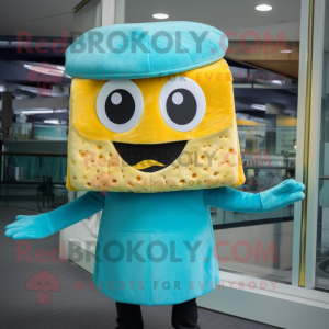 Cyan Grilled Cheese Sandwich mascot costume character dressed with a Turtleneck and Hats