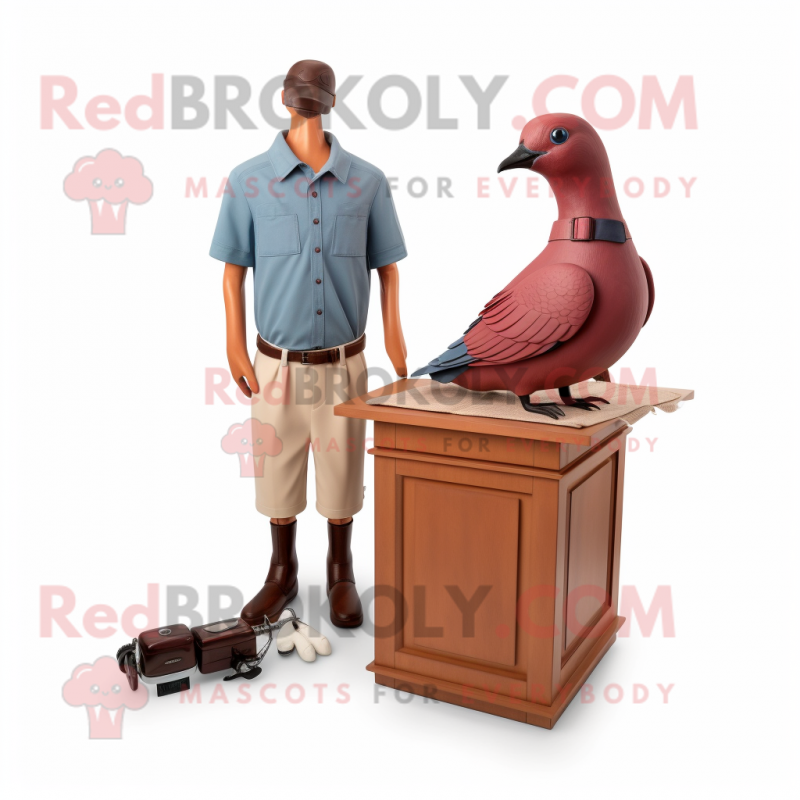 Maroon Passenger Pigeon mascot costume character dressed with a Polo Tee and Watches