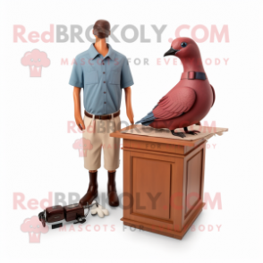 Maroon Passenger Pigeon mascot costume character dressed with a Polo Tee and Watches