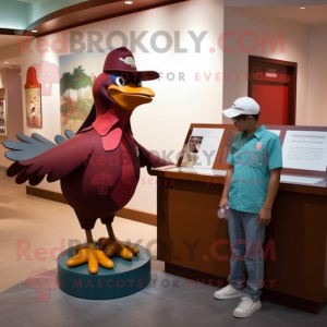 Maroon Passenger Pigeon mascot costume character dressed with a Polo Tee and Watches