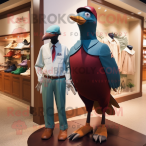 Maroon Passenger Pigeon mascot costume character dressed with a Polo Tee and Watches