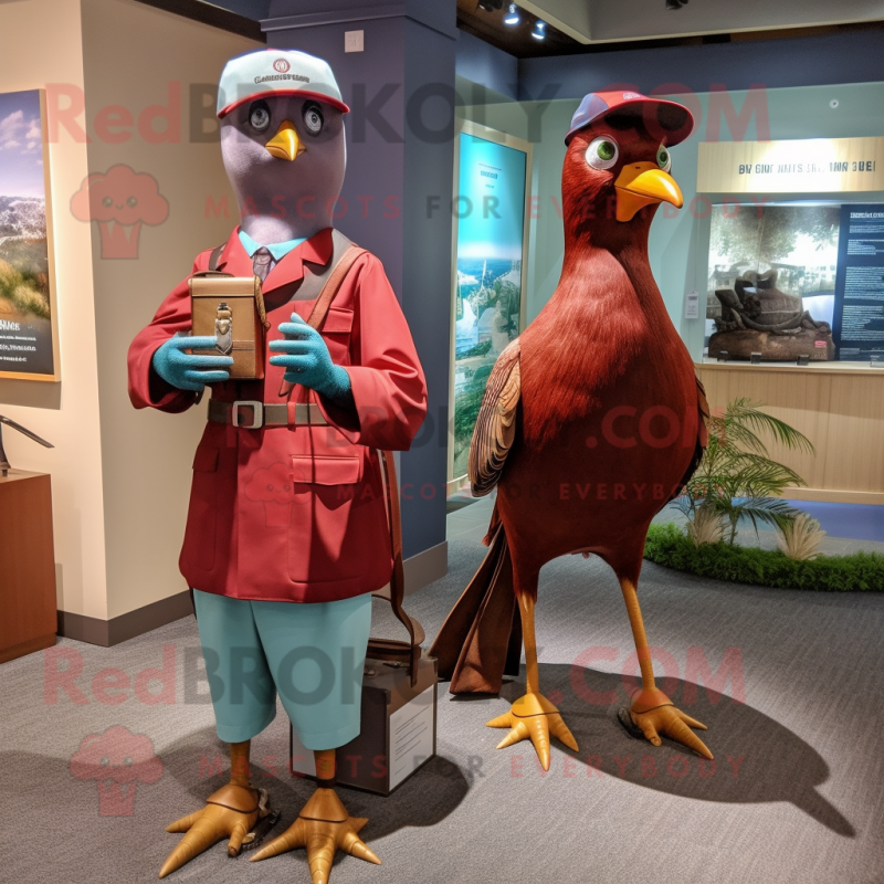 Maroon Passenger Pigeon mascot costume character dressed with a Polo Tee and Watches