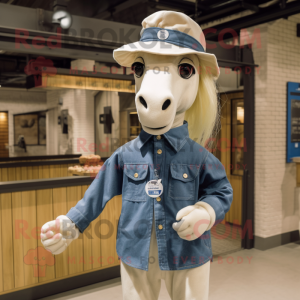 Cream Horse mascot costume character dressed with a Chambray Shirt and Berets