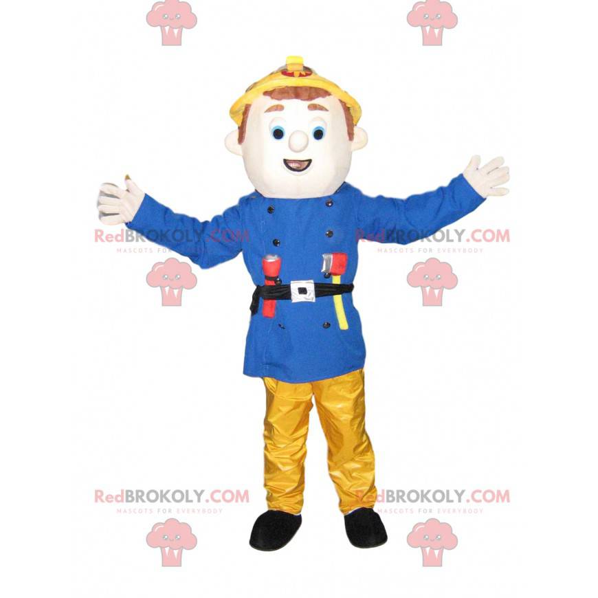 Feuerwehrmann-Maskottchen mit blauer Jacke und gelber Hose -