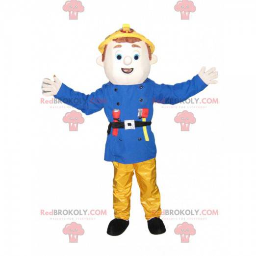 Feuerwehrmann-Maskottchen mit blauer Jacke und gelber Hose -