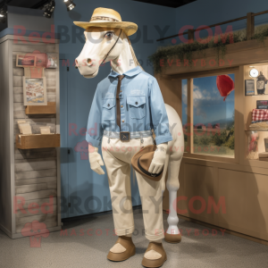 Cream Horse mascot costume character dressed with a Chambray Shirt and Berets