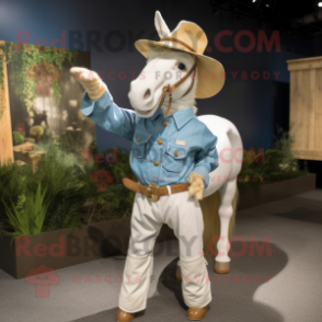 Cream Horse mascot costume character dressed with a Chambray Shirt and Berets