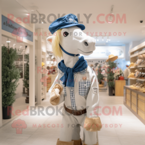 Cream Horse mascot costume character dressed with a Chambray Shirt and Berets