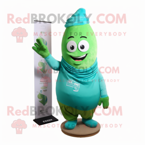 Cyan Green Bean mascot costume character dressed with a Sweatshirt and Headbands