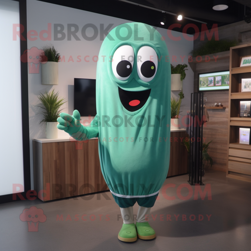 Cyan Green Bean mascot costume character dressed with a Sweatshirt and Headbands Cyan Green Bean mascot costume character dressed with a Sweatshirt and Headbands