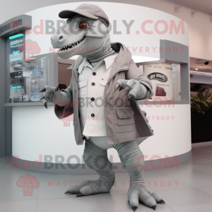 Gray Iguanodon mascot costume character dressed with a Jumpsuit and Wallets