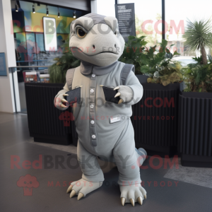 Gray Iguanodon mascot costume character dressed with a Jumpsuit and Wallets