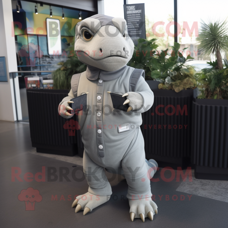 Gray Iguanodon mascot costume character dressed with a Jumpsuit and Wallets Gray Iguanodon mascot costume character dressed with a Jumpsuit and Wallets