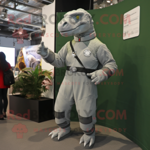 Gray Iguanodon mascot costume character dressed with a Jumpsuit and Wallets