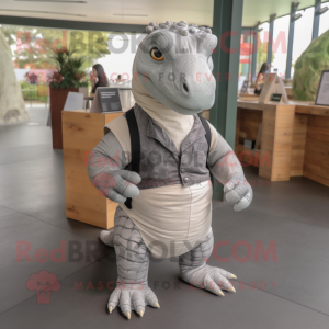 Gray Iguanodon mascot costume character dressed with a Jumpsuit and Wallets