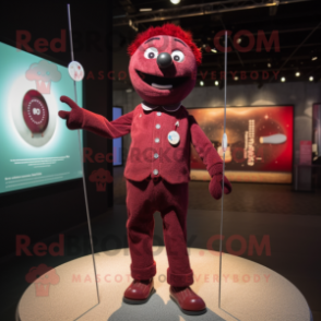 Maroon Tightrope Walker mascot costume character dressed with a Button-Up Shirt and Lapel pins