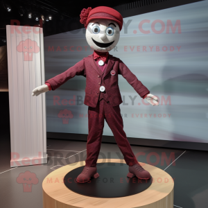 Maroon Tightrope Walker mascot costume character dressed with a Button-Up Shirt and Lapel pins